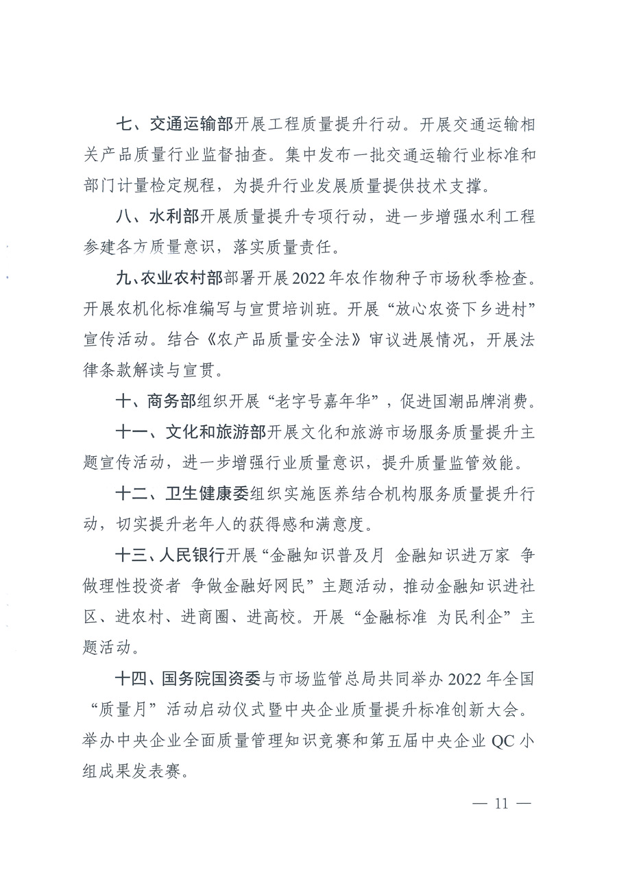 市場(chǎng)監(jiān)管總局等21個(gè)部委(部門)發(fā)文部署開(kāi)展2022年全國(guó)“質(zhì)量月”活動(dòng)(國(guó)市監(jiān)質(zhì)發(fā)〔2022〕76號(hào))