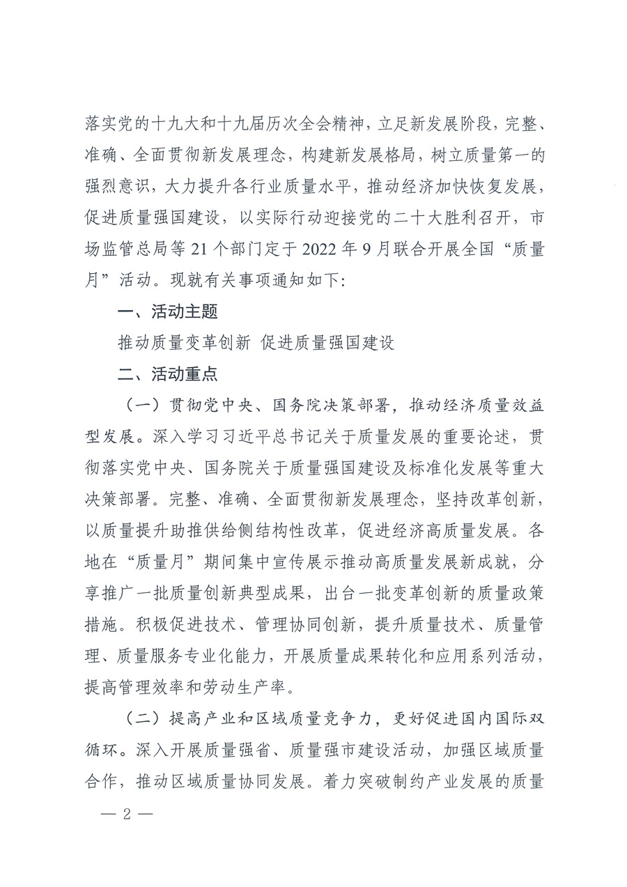 市場(chǎng)監(jiān)管總局等21個(gè)部委(部門)發(fā)文部署開(kāi)展2022年全國(guó)“質(zhì)量月”活動(dòng)(國(guó)市監(jiān)質(zhì)發(fā)〔2022〕76號(hào))