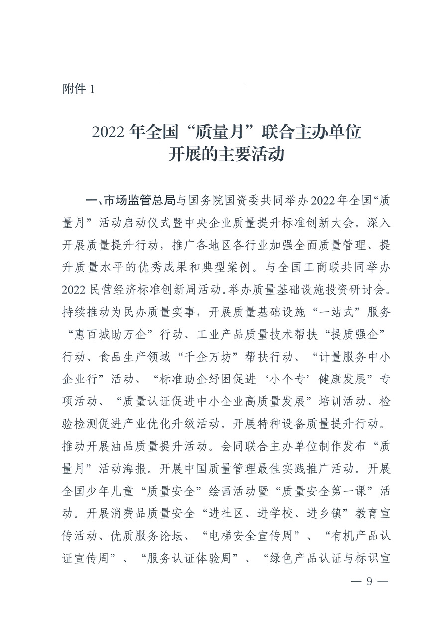 市場(chǎng)監(jiān)管總局等21個(gè)部委(部門)發(fā)文部署開(kāi)展2022年全國(guó)“質(zhì)量月”活動(dòng)(國(guó)市監(jiān)質(zhì)發(fā)〔2022〕76號(hào))